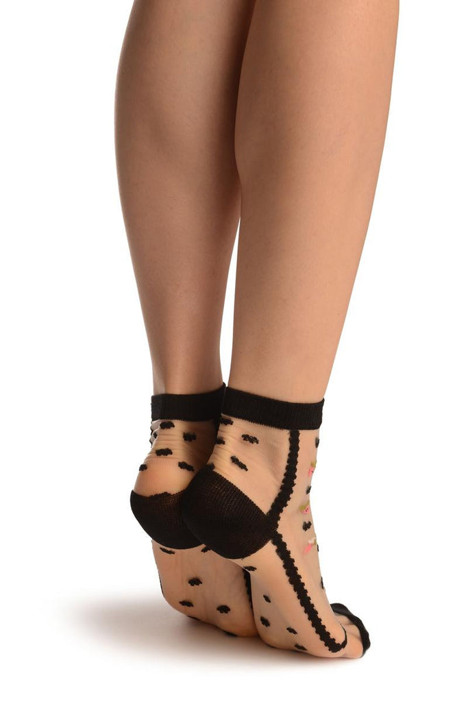 Liss Kiss Black With Little Woven Flowers On Invisible Mesh Ankle High Socks - Socks