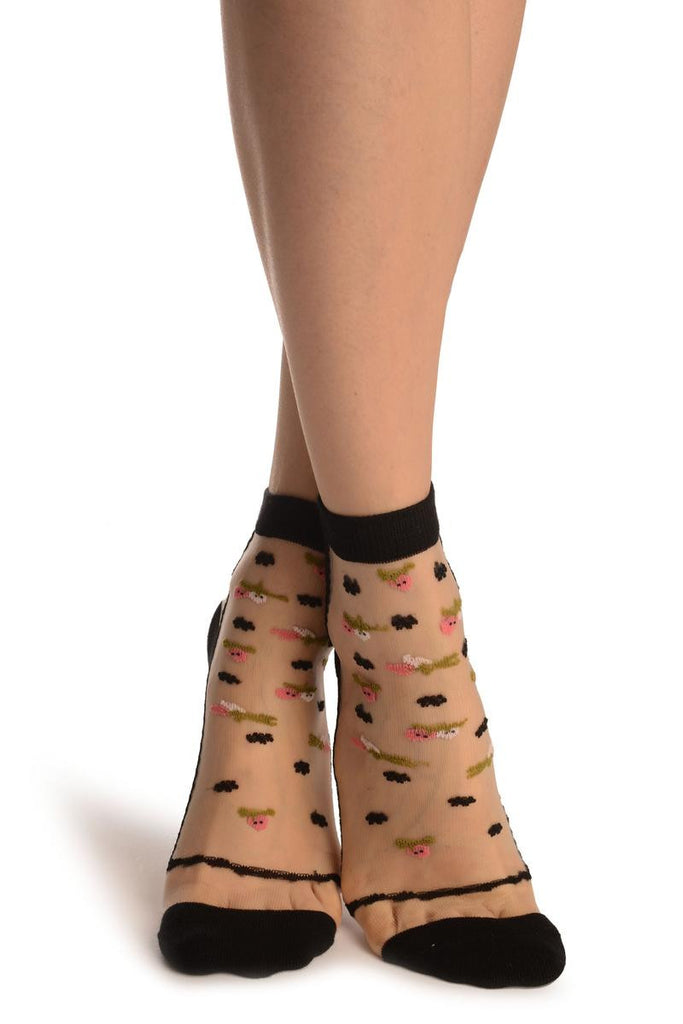 Liss Kiss Black With Little Woven Flowers On Invisible Mesh Ankle High Socks - Socks