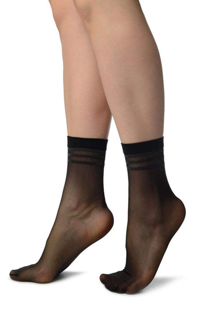 Liss Kiss Black With Lurex Striped Top Ankle High Socks - Socks