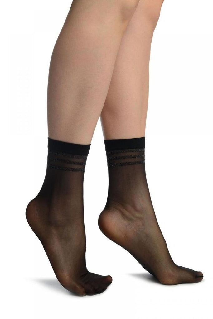 liss kiss Black With Lurex Striped Top Ankle High Socks - Socks