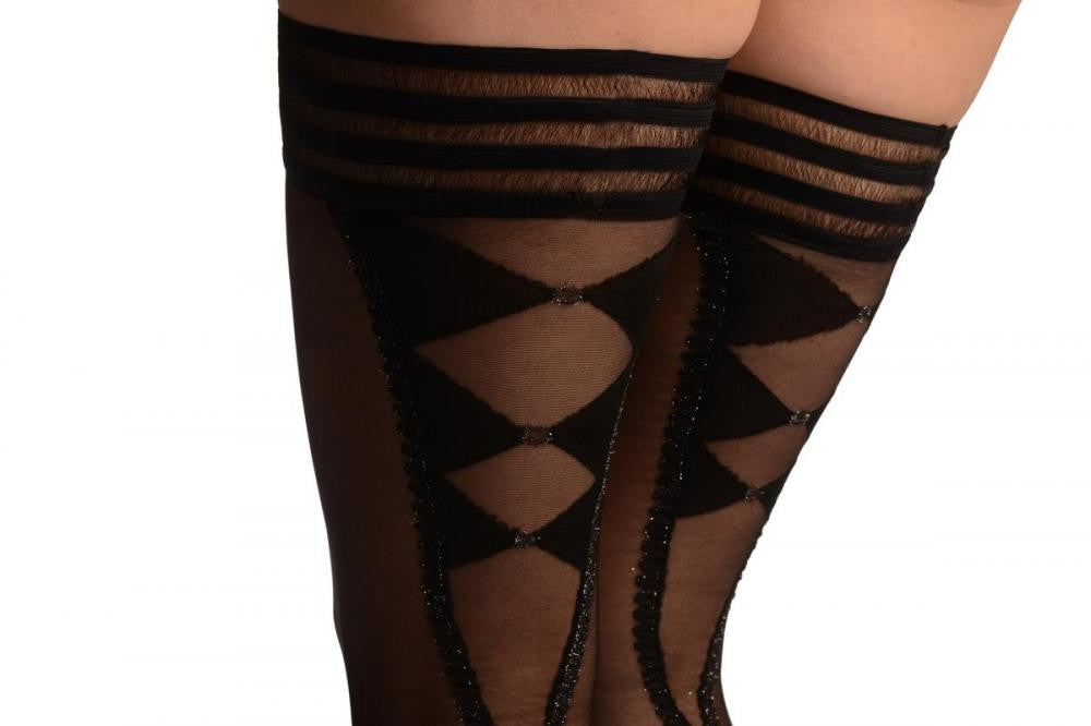 Liss Kiss Black With Lurex V Cut Diamonds & Silicone Top - Hold Ups