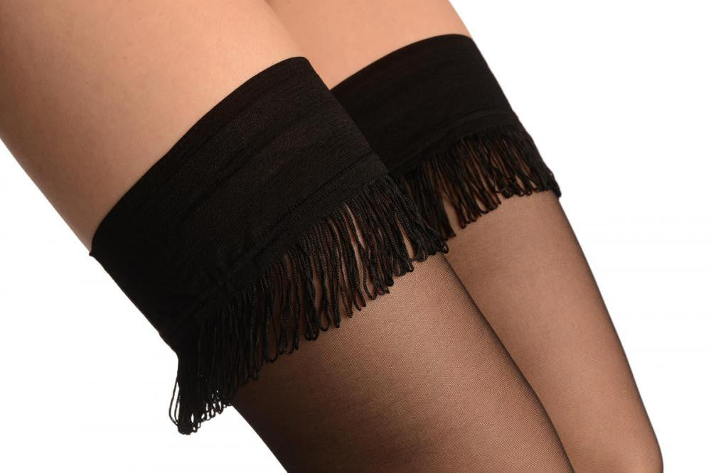 Liss Kiss Black With Luxurious Black Fringe Silicone Garter - Hold Ups