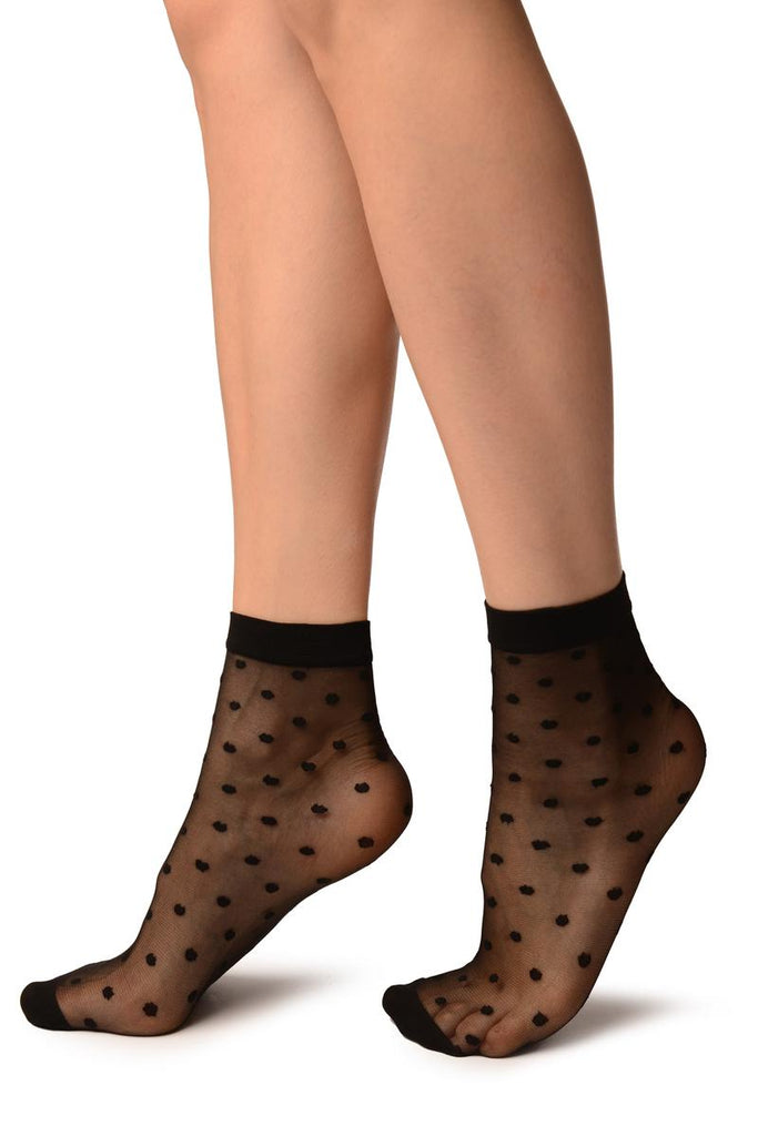 Liss Kiss Black With Medium Black Polka Dots Ankle High Socks - Socks