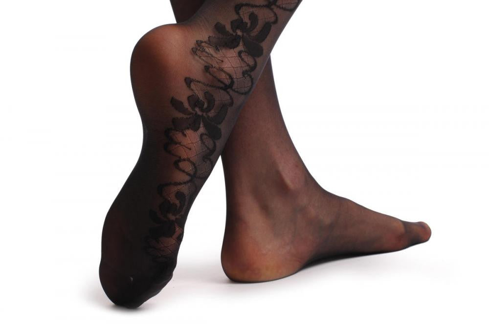 Liss Kiss Black With Mesh & Flowers On The Side & Lace Silicon Garter - Hold Ups