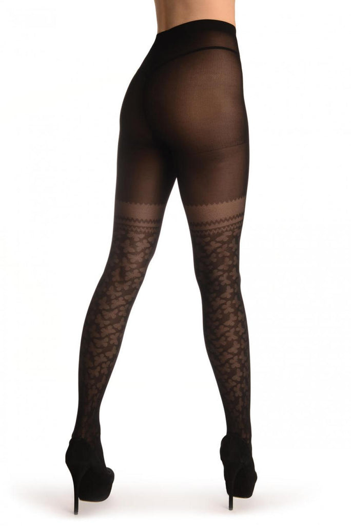 Liss Kiss Black With Micro Mesh Butterflies Faux Stockings - Tights