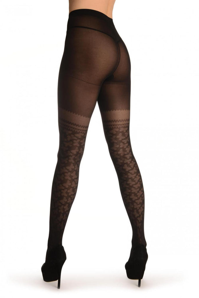 Liss Kiss Black With Micro Mesh Butterflies Faux Stockings - Tights