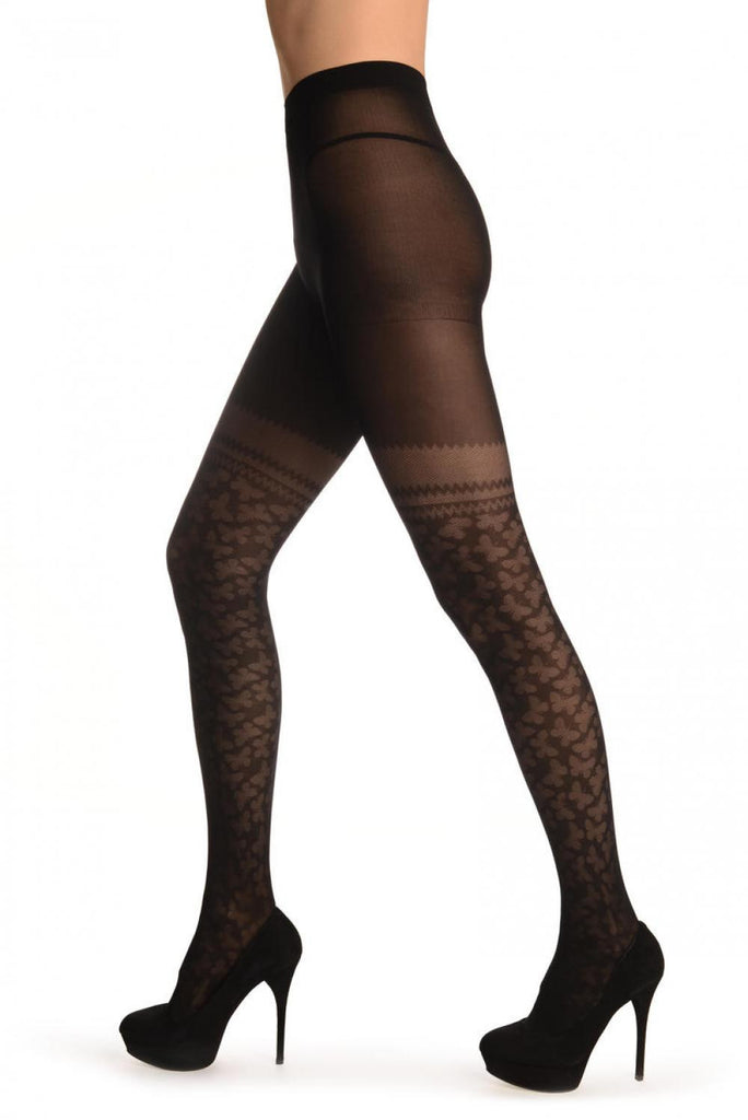 Liss Kiss Black With Micro Mesh Butterflies Faux Stockings - Tights