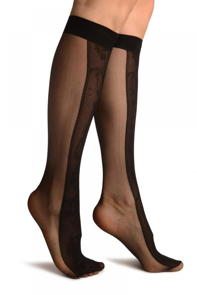 Liss Kiss Black With Non Transparent Floral Seam Knee High Socks - Socks