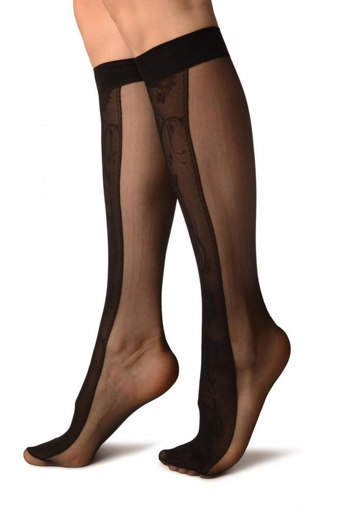 Liss Kiss Black With Non Transparent Floral Seam Knee High Socks - Socks