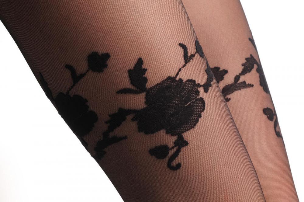 Liss Kiss Black With Opaque Black Flowers Around The Ankle & Over The Knee 20 Den - Tights
