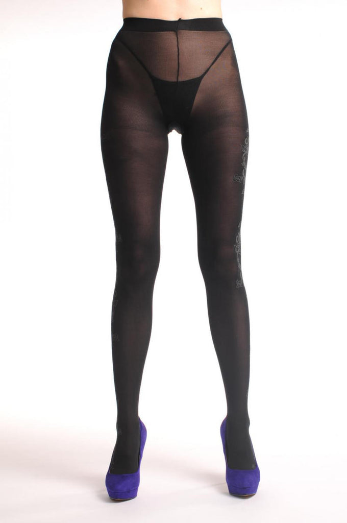 Liss Kiss Black With Opaque Grey Climbing Leaves On The Side 40 Den - Tights