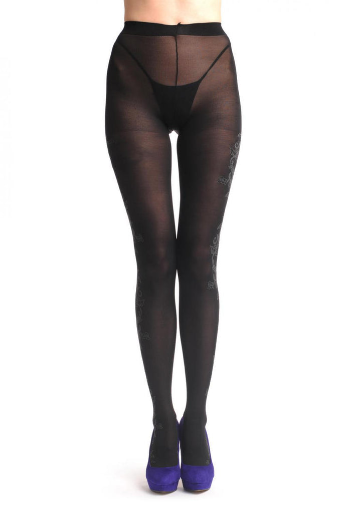 Liss Kiss Black With Opaque Grey Climbing Leaves On The Side 40 Den - Tights