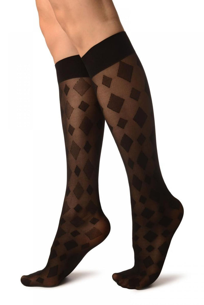 Liss Kiss Black With Opaque Rhombs Socks Knee High - Socks