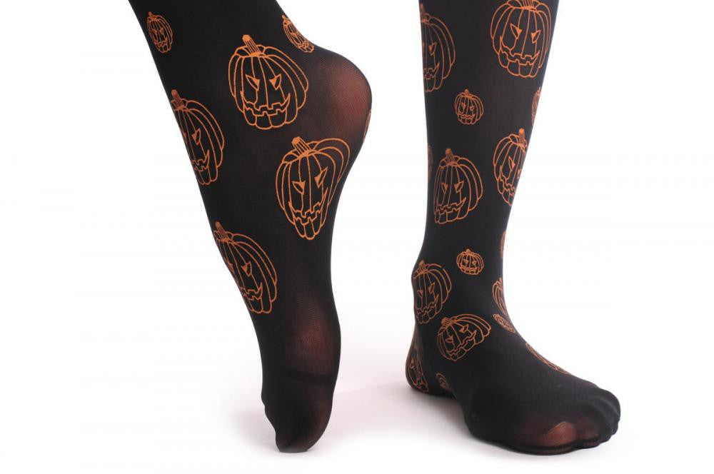 Liss Kiss Black With Orange Halloween Pumpkins - Tights