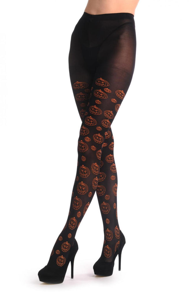 Liss Kiss Black With Orange Halloween Pumpkins - Tights