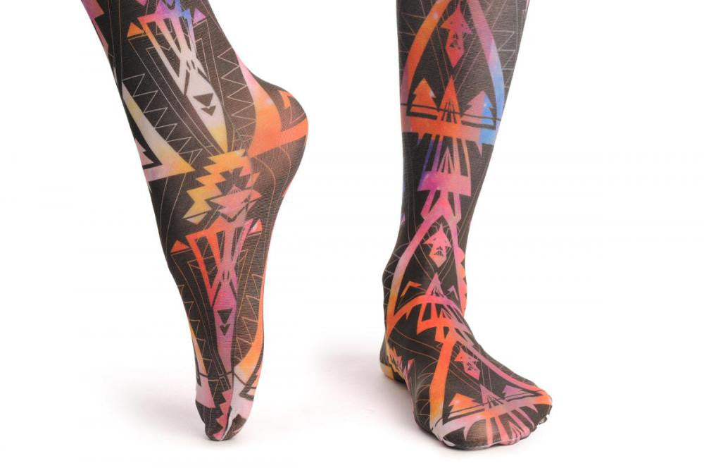 Liss Kiss Black With Orange & Red Actek Prints - Tights