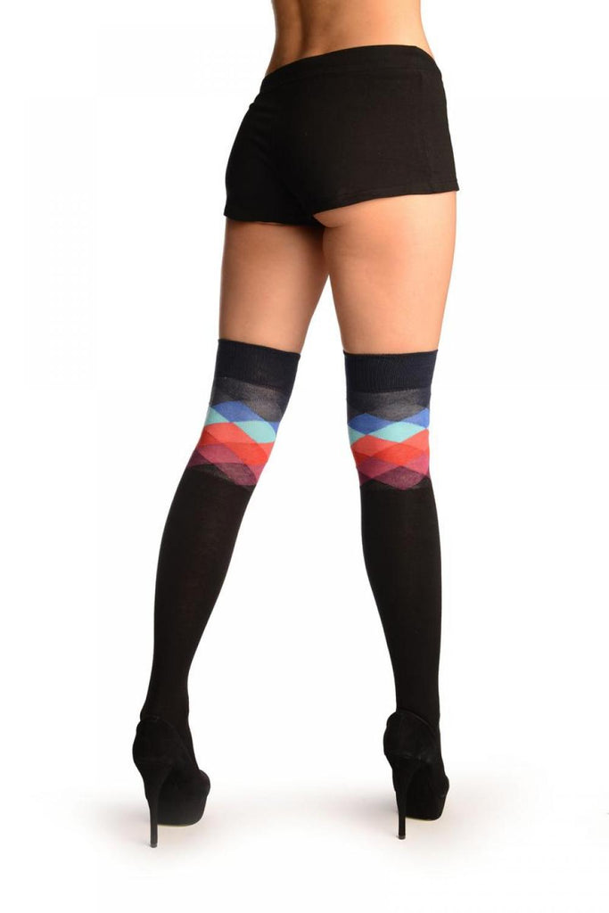 Liss Kiss Black With Oxford Blue Harlequin Top Over The Knee Socks - Over The Knee Socks