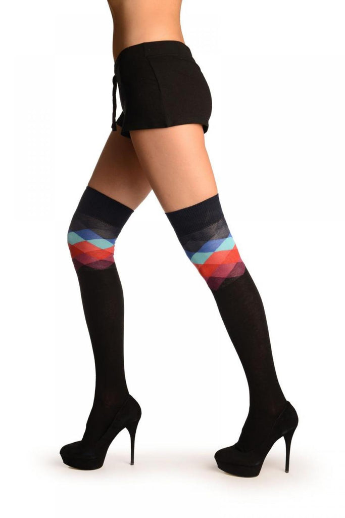 Liss Kiss Black With Oxford Blue Harlequin Top Over The Knee Socks - Over The Knee Socks