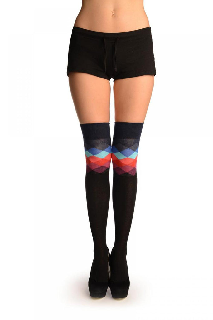 liss kiss Black With Oxford Blue Harlequin Top Over The Knee Socks - Over The Knee Socks