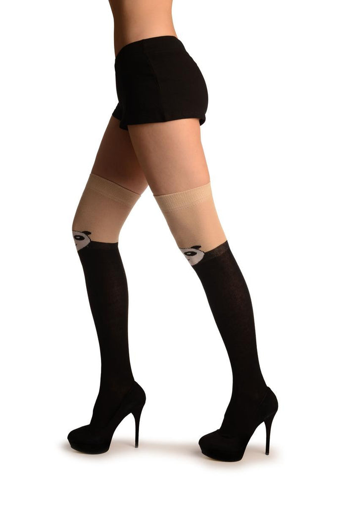 Liss Kiss Black With Panda On Beige - Over The Knee Socks