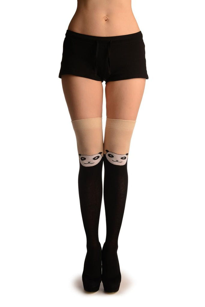 liss kiss Black With Panda On Beige - Over The Knee Socks