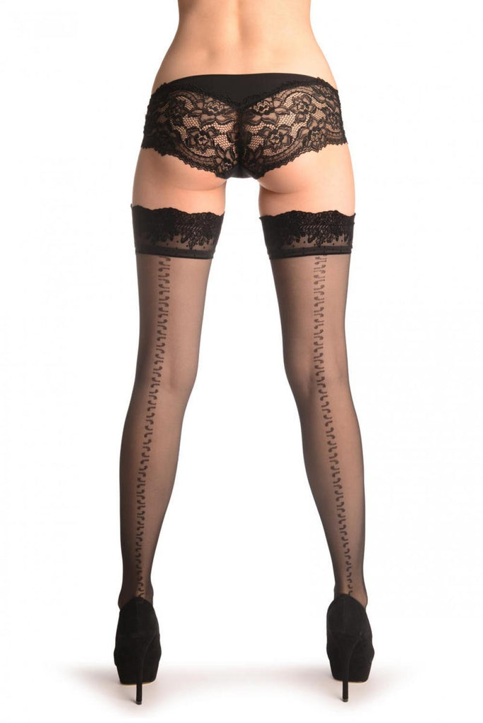 Liss Kiss Black With Patterned Back Seam & Fabulous Velvet Top - Hold Ups