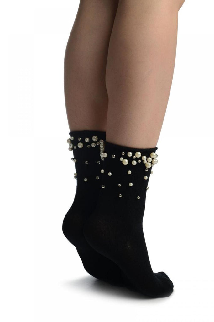Liss Kiss Black With Pearls And Silver Beads Ankle High Socks - Socks
