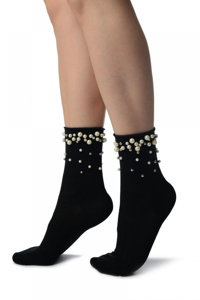 Liss Kiss Black With Pearls And Silver Beads Ankle High Socks - Socks