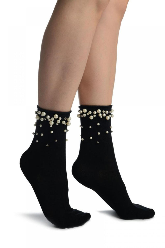 liss kiss Black With Pearls and Silver Beads Ankle High Socks - Socks