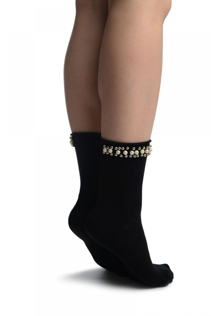 Liss Kiss Black With Pearls And Silver Beads Stripe Ankle High Socks - Socks