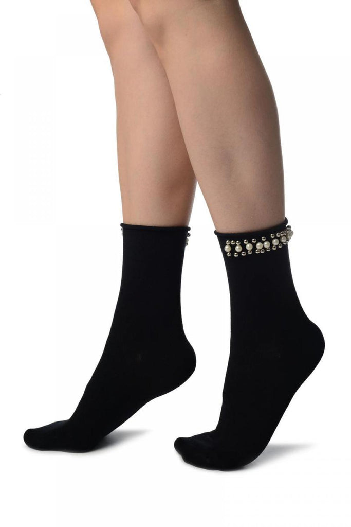 Liss Kiss Black With Pearls And Silver Beads Stripe Ankle High Socks - Socks