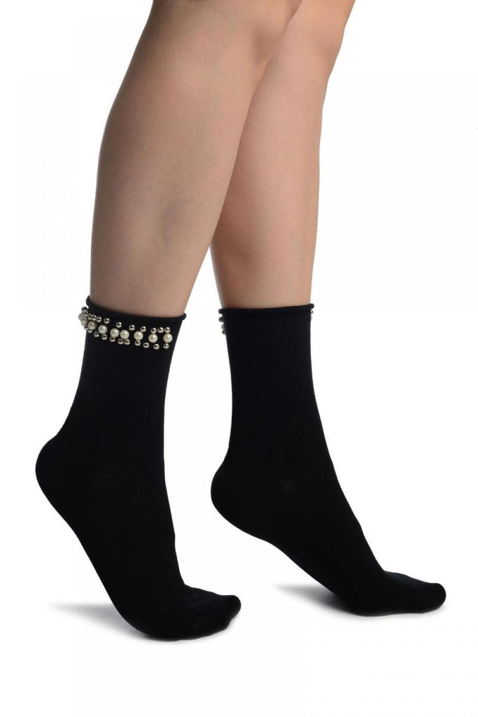 liss kiss Black With Pearls and Silver Beads Stripe Ankle High Socks - Socks