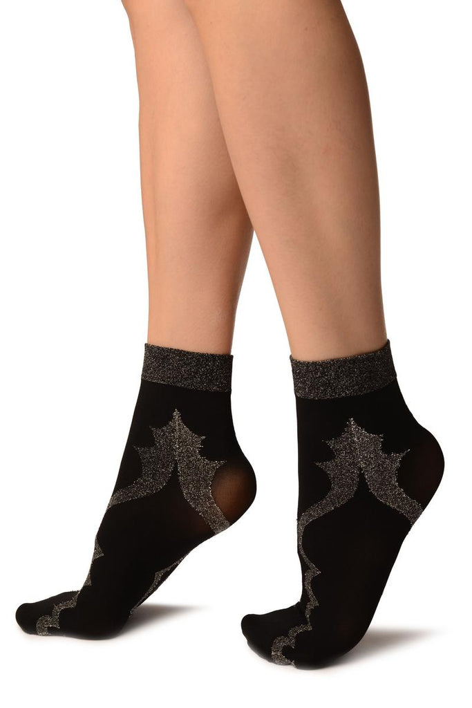 Liss Kiss Black With Persian Silver Lurex Pattern Ankle High Socks - Socks