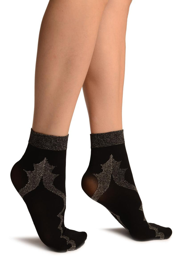 Liss Kiss Black With Persian Silver Lurex Pattern Ankle High Socks - Socks