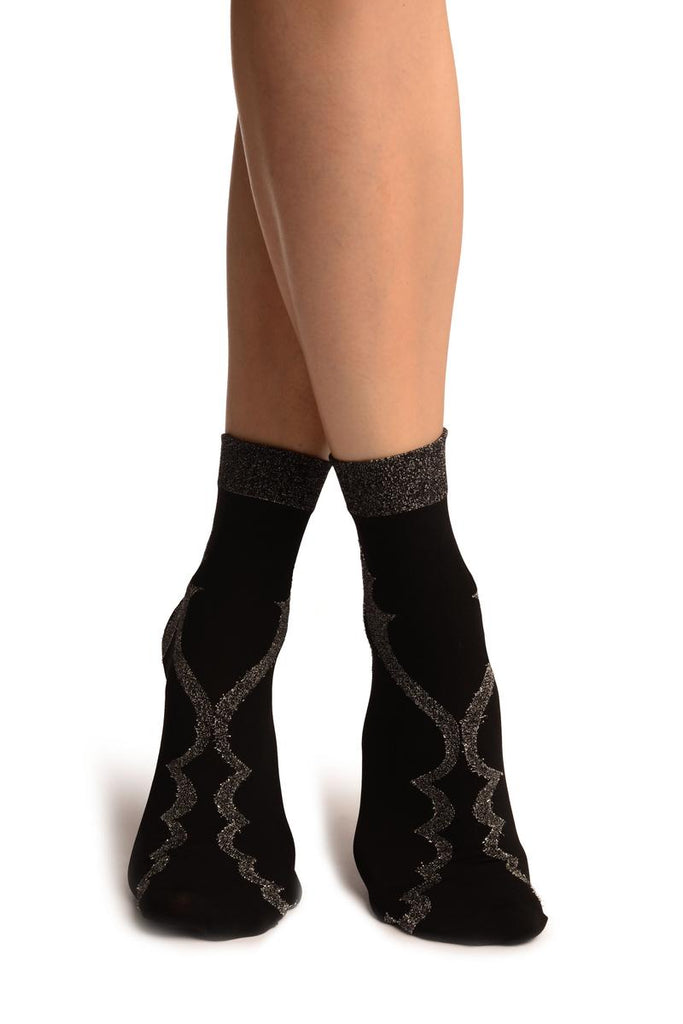 liss kiss Black With Persian Silver Lurex Pattern Ankle High Socks - Socks