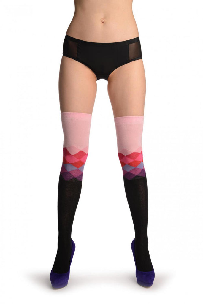 Liss Kiss Black With Pink Arlecchino Top - Over The Knee Socks