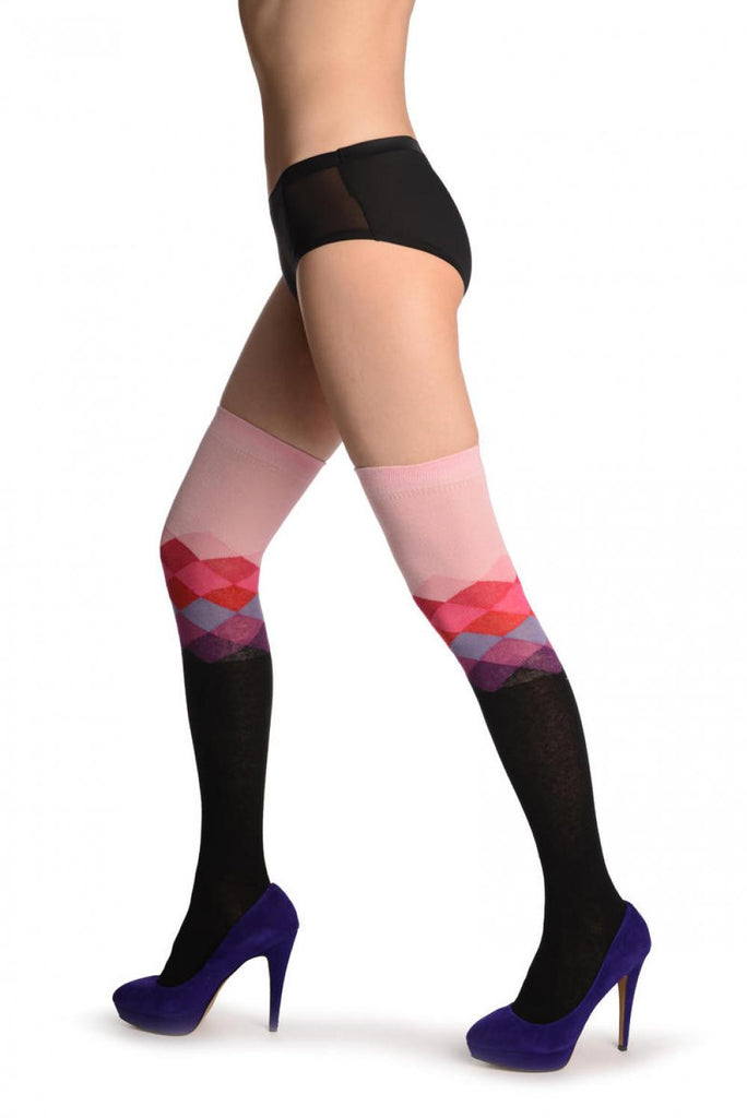 Liss Kiss Black With Pink Arlecchino Top - Over The Knee Socks