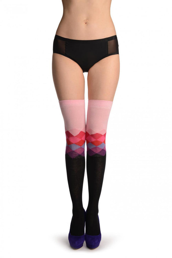 liss kiss Black With Pink Arlecchino Top - Over The Knee Socks