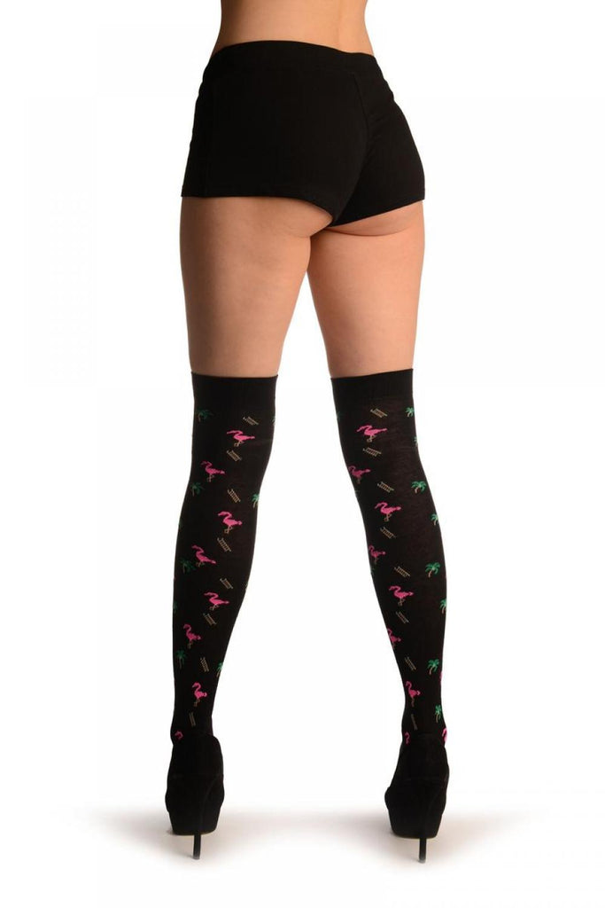 Liss Kiss Black With Pink Flamingo - Over The Knee Socks