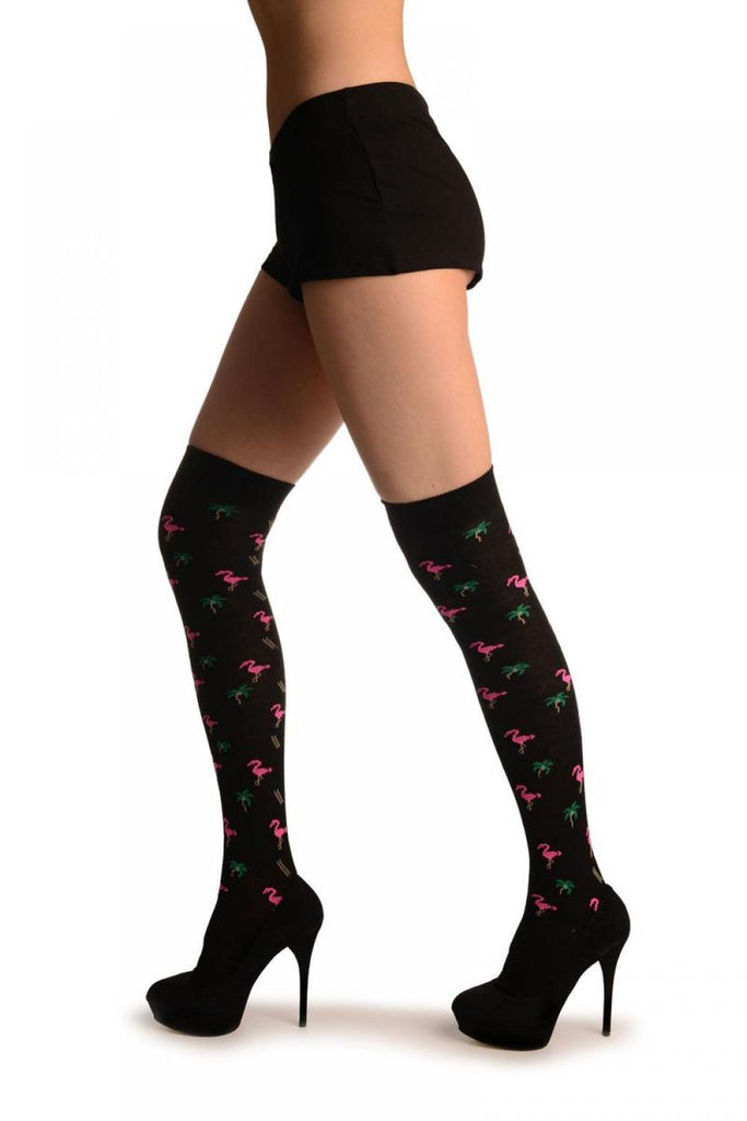 Liss Kiss Black With Pink Flamingo - Over The Knee Socks