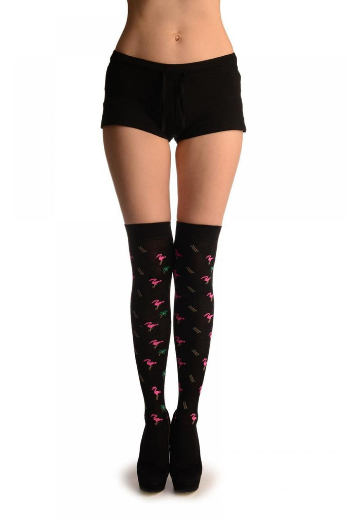 liss kiss Black With Pink Flamingo - Over The Knee Socks