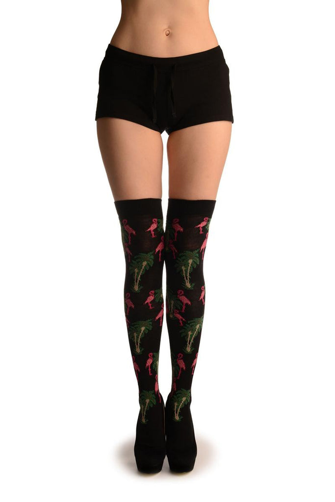 liss kiss Black With Pink Flamingos & Palms - Over The Knee Socks