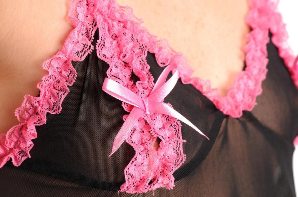 Liss Kiss Black With Pink Lace Riffles Satin Bows & Matching Brief Set - Babydoll