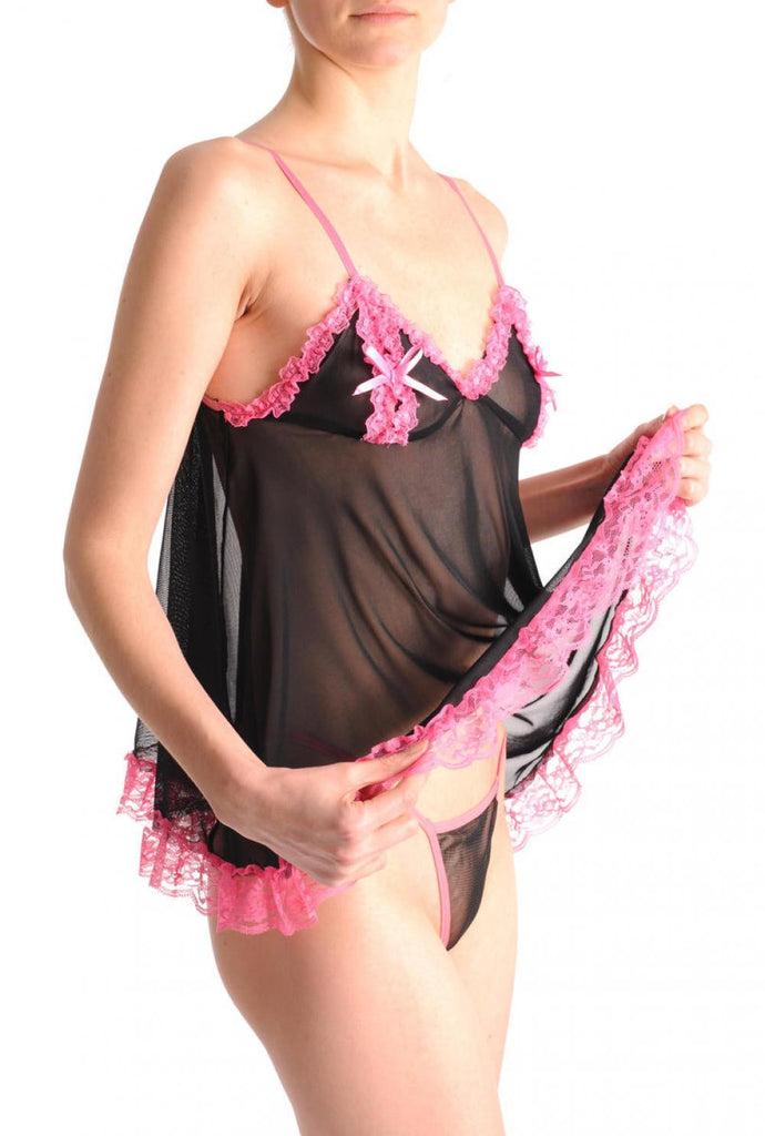 liss kiss Black With Pink Lace Riffles Satin Bows & Matching Brief Set - Babydoll