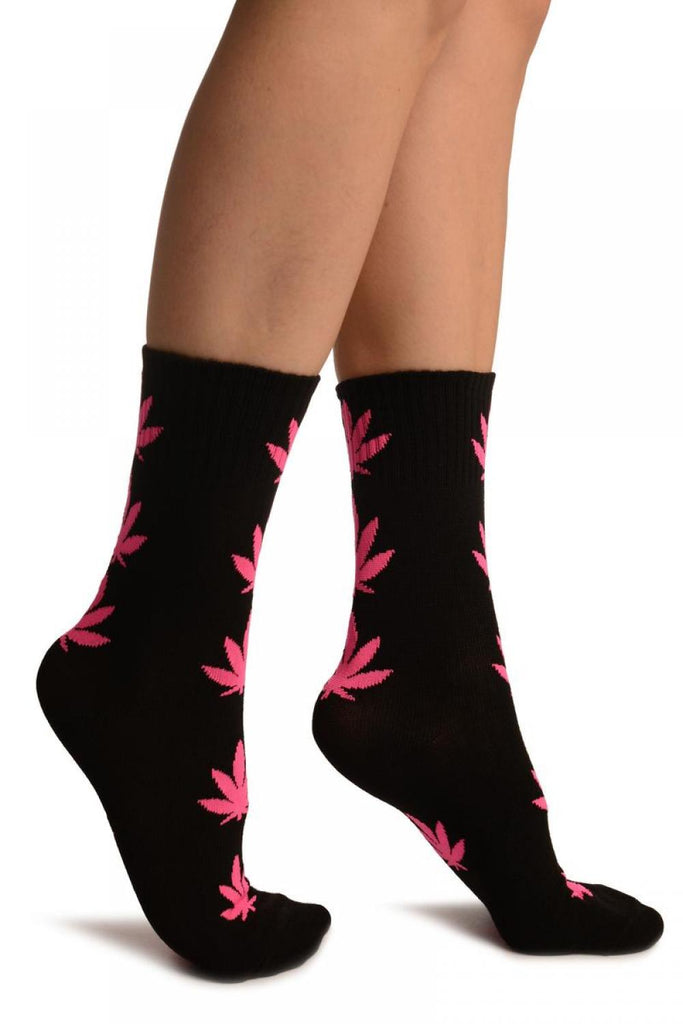 Liss Kiss Black With Pink Leaves Ankle High Socks - Socks