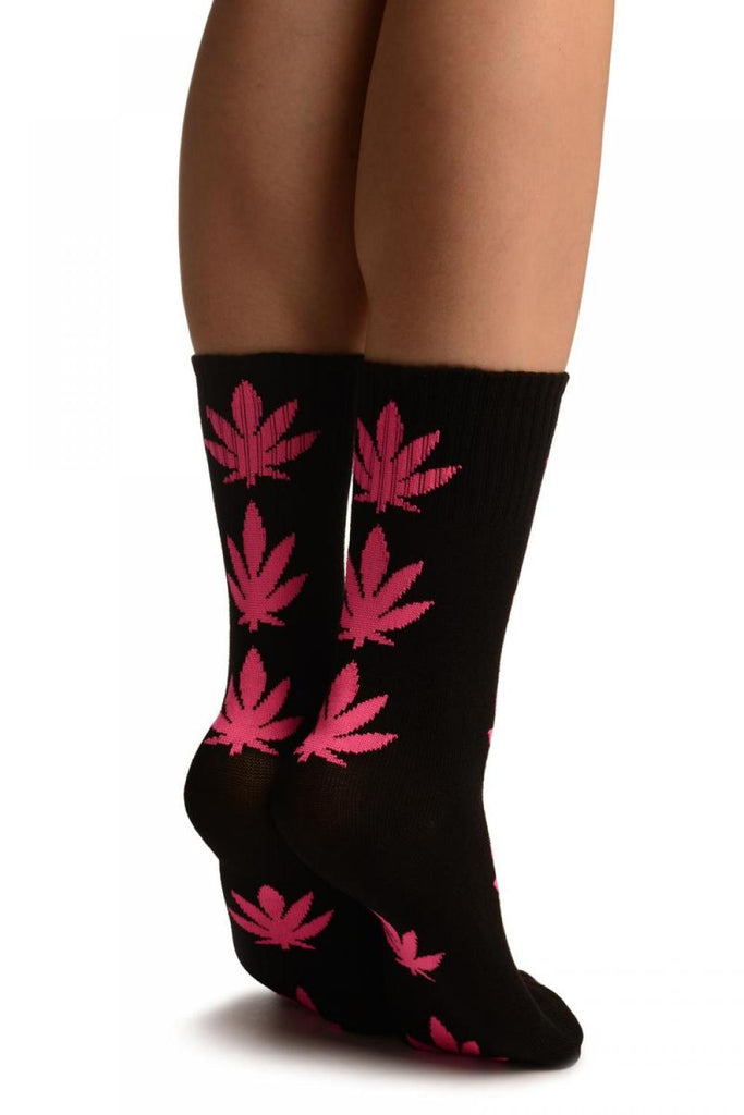 Liss Kiss Black With Pink Leaves Ankle High Socks - Socks