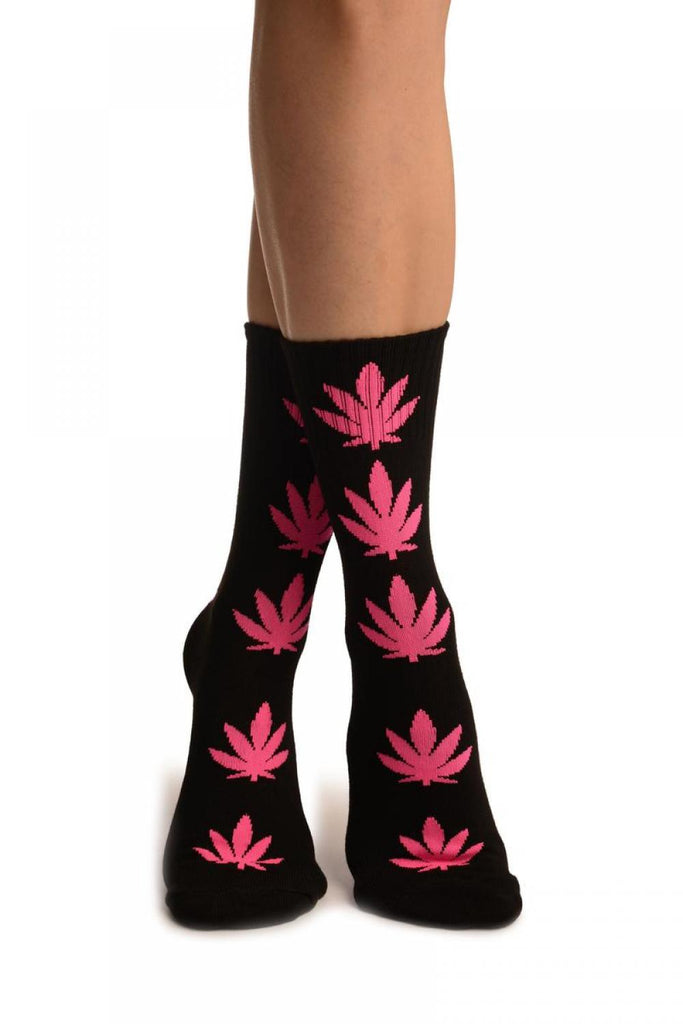 liss kiss Black With Pink Leaves Ankle High Socks - Socks