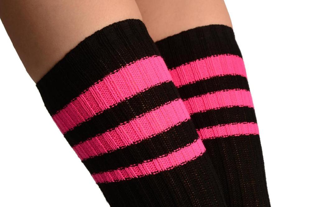Liss Kiss Black With Pink Referee Stripes Stirrup Dance/Ballet Leg Warmers - Leg Warmers