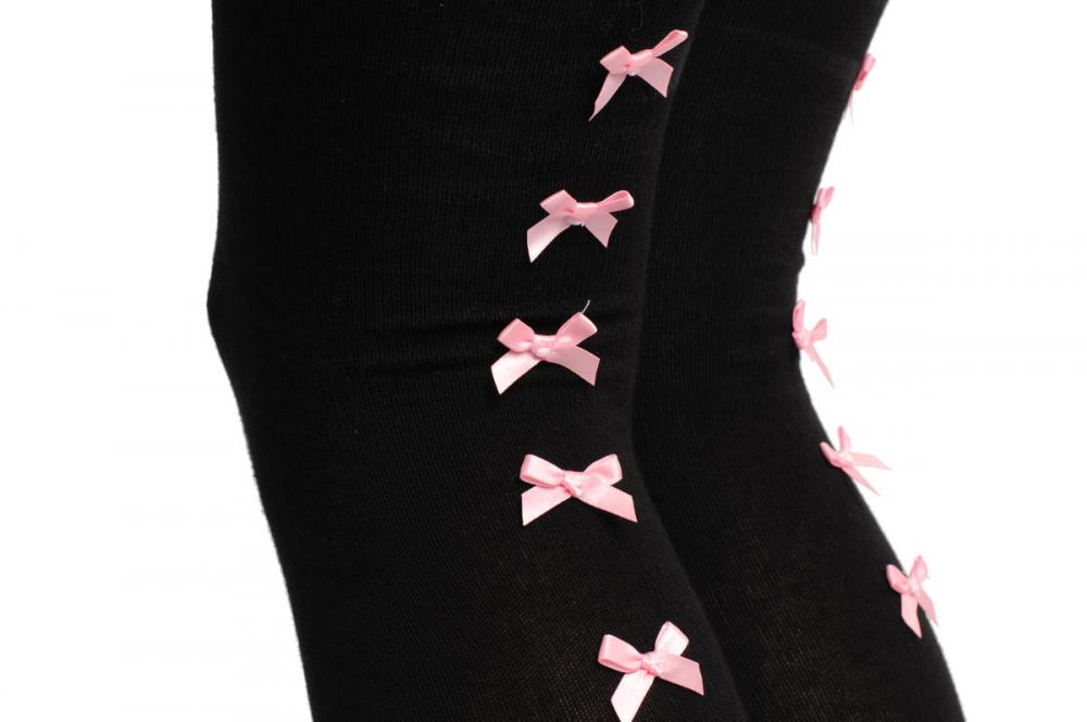 Liss Kiss Black With Pink Satin Bows At The Back - Over The Knee Socks