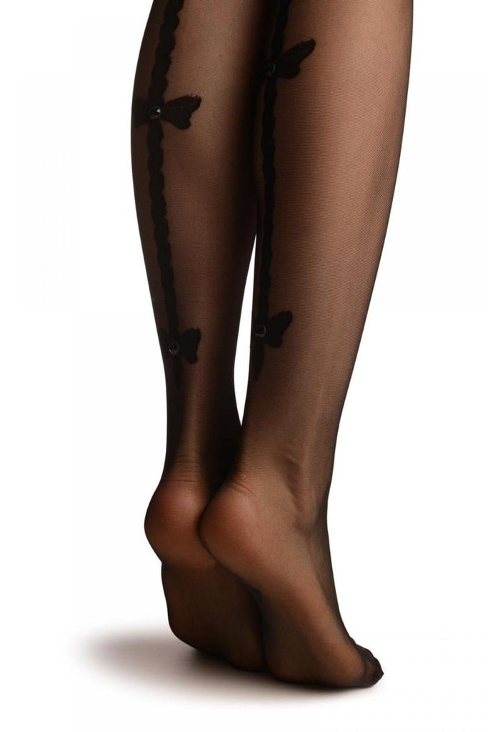 Liss Kiss Black With Plate Seam With Bows & Large Crystals - Tights
